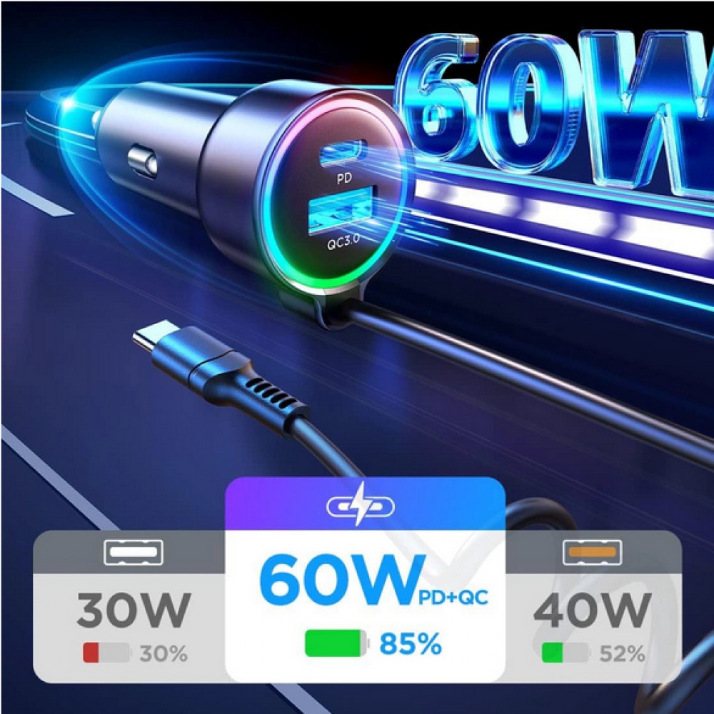 Joyroom 3in1 Zigarettenanzünder Adapter 60W Fast Charger mit integriertem USB-C Kabel & USB-C + USB-A QC3.0 Anschluss