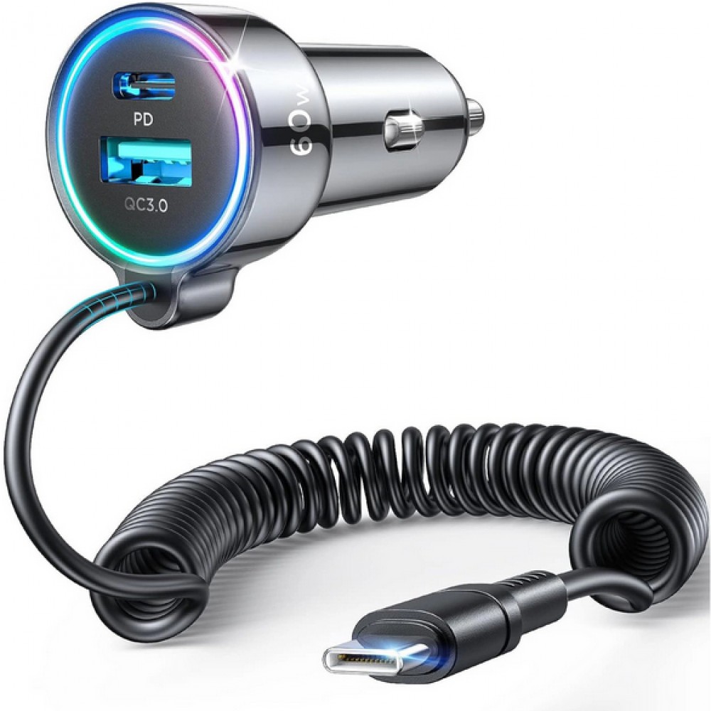 Joyroom 3in1 Zigarettenanzünder Adapter 60W Fast Charger mit integriertem USB-C Kabel & USB-C + USB-A QC3.0 Anschluss