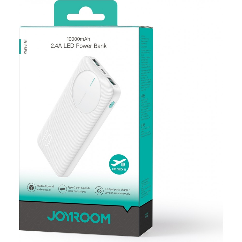 Joyroom 3 in 1 Powerbank mit 10000mAh Kapazität clean Design 2x USB-A 2.4 & 1x USB-C (In+Out) - Weiss
