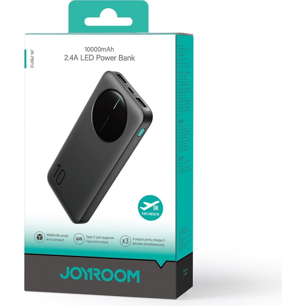 Joyroom Powerbank 3 en 1 avec capacité de 10000mAh clean Design 2x USB-A 2.4 & 1x USB-C (In+Out) - Noir