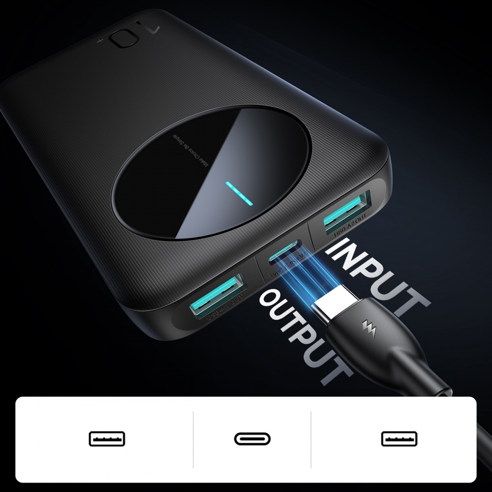 Joyroom Powerbank 3 en 1 avec capacité de 10000mAh clean Design 2x USB-A 2.4 & 1x USB-C (In+Out) - Noir