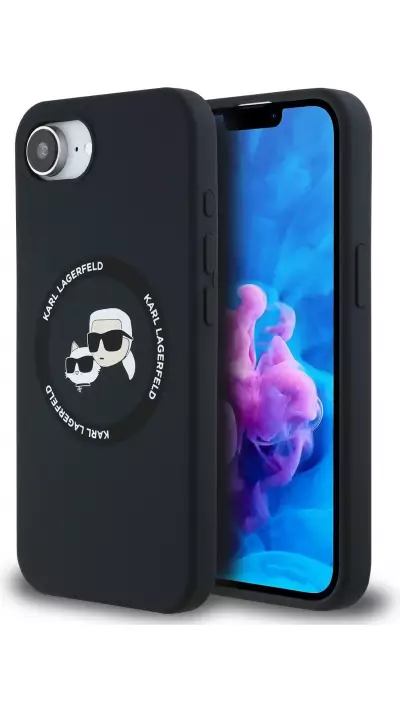 Coque iPhone 17e / 16e - Karl Lagerfeld et Choupette silicone Soft Touch avec MagSafe - Noir