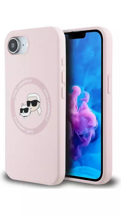 Coque iPhone 17e / 16e - Karl Lagerfeld et Choupette silicone Soft Touch avec MagSafe - Rose
