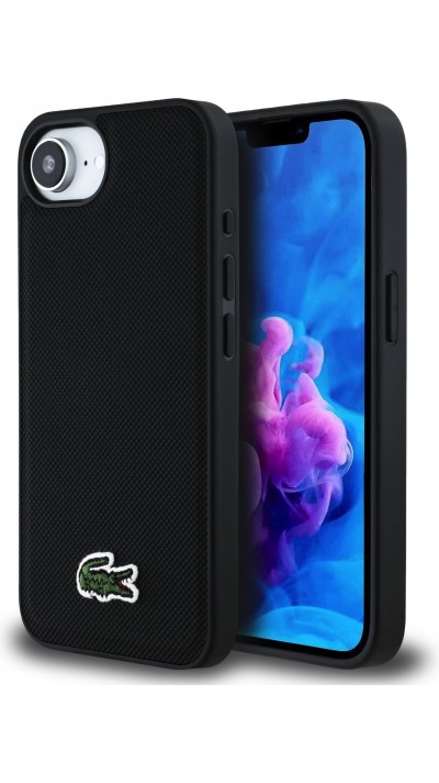 Coque iPhone 16e - Lacoste effet Petit Piqué avec MagSafe et patch logo brodé - Noir