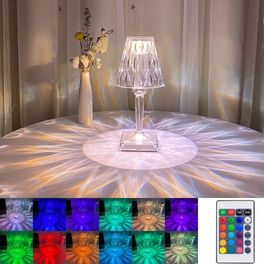 Lampe de chevet/table design transparente tactile style diamants/cristal et LED multicolores sans fil