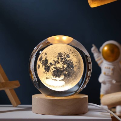 Lampe de nuit 3D d&eacute;corative cristal en forme de boule avec motif Lune - Transparent