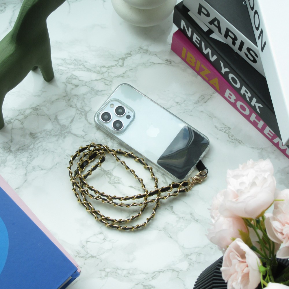 Lanière/lacet élégante et sophistiquée universelle pour smartphone en similicuir et métal - Noir