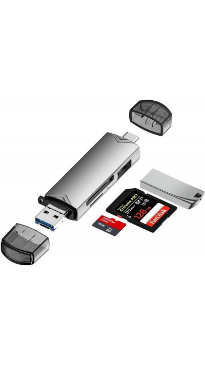 Stick USB lecteur de cartes mémoire SD et Micro SD multifonction avec port USB-A 3.0 et USB-C - Argent