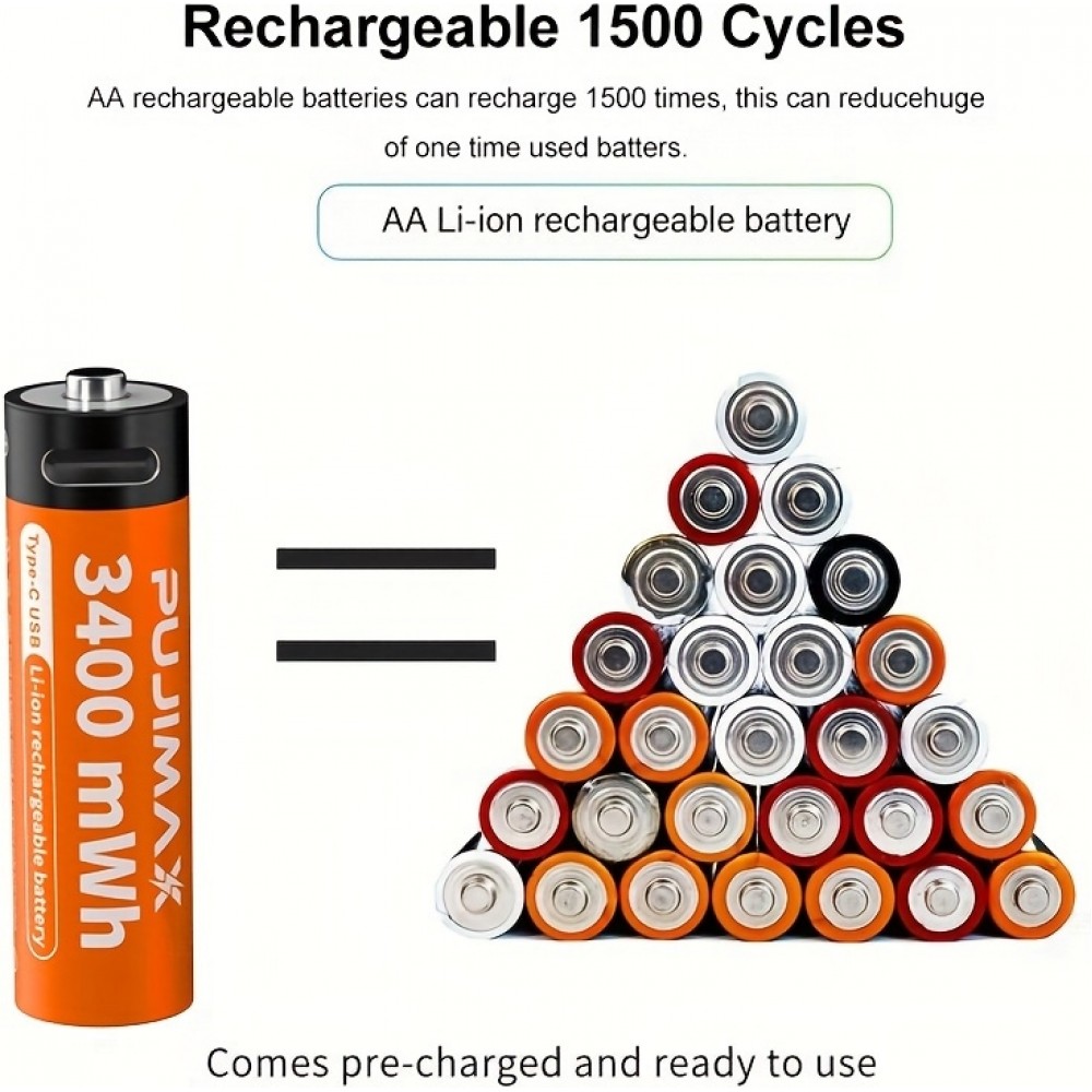 Lot de 4 Piles AAA rechargeables (1100 mAh) avec port USB-C
