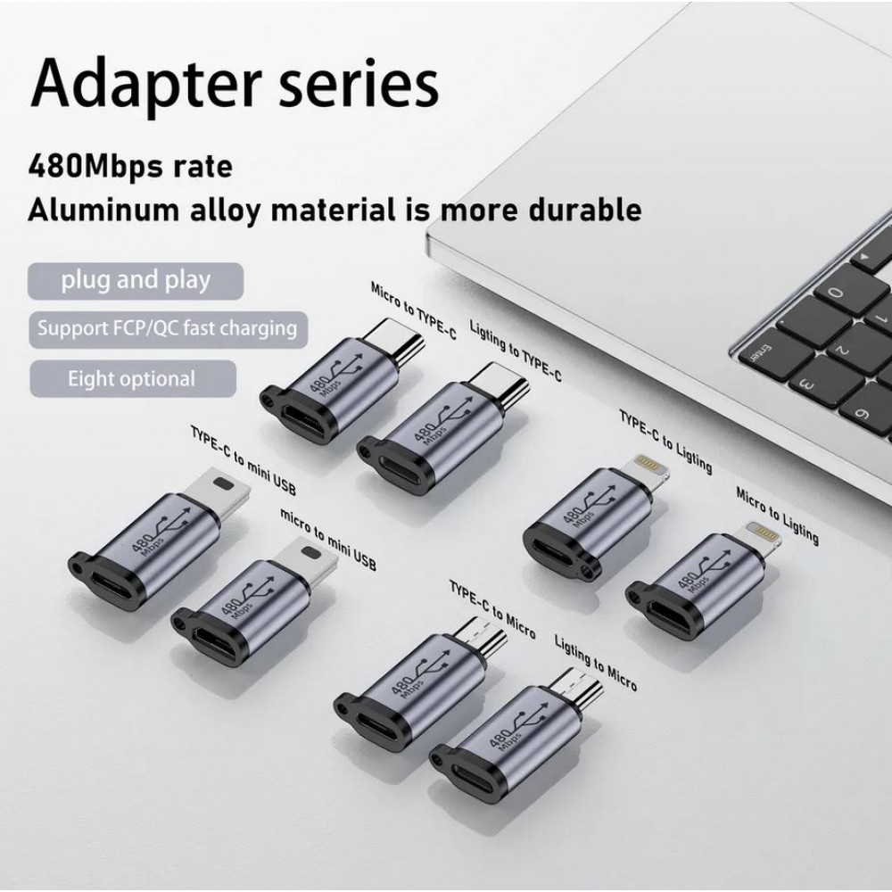 Micro USB vers USB-C - Adaptateur de charge de haute qualité Connecteur Transfert de données 480Mbps Aluminium