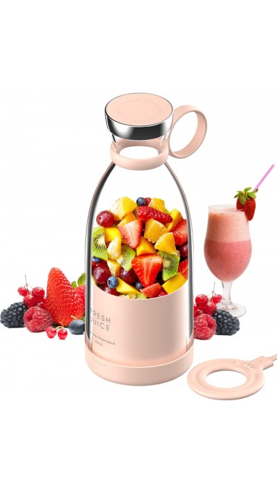 Fresh Juice - Smoothie Maker tragbarer Mixer 350ml portable blender mit USB induktions Ladestation - Rosa