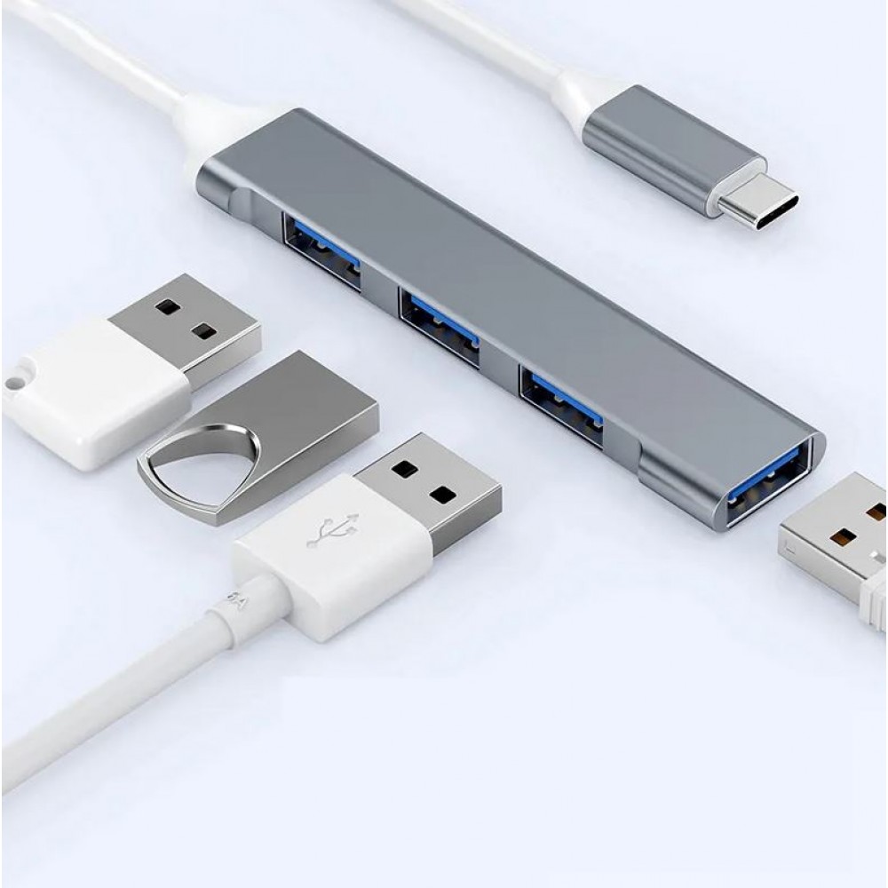 Mini Hub Multiport USB-C Aluminium Adapter mit 4 USB Anschlüssen (3x 2.0 + 1x 3.0) - Silber