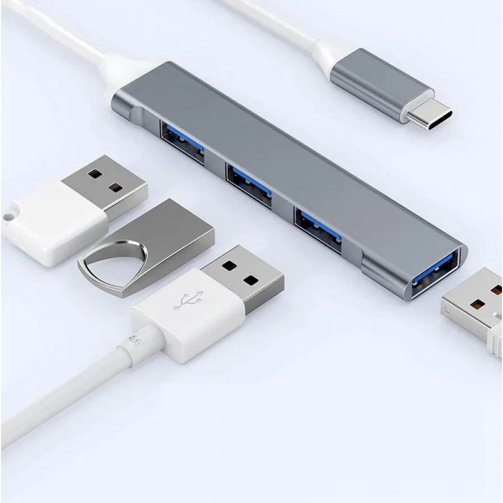 Hub mini adaptateur USB-C multiport en aluminium avec 4 ports USB (3x 2.0 + 1x 3.0) - Argent