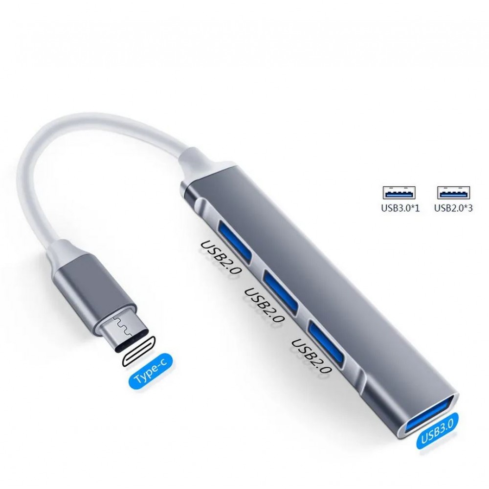 Hub mini adaptateur USB-C multiport en aluminium avec 4 ports USB (3x 2.0 + 1x 3.0) - Argent