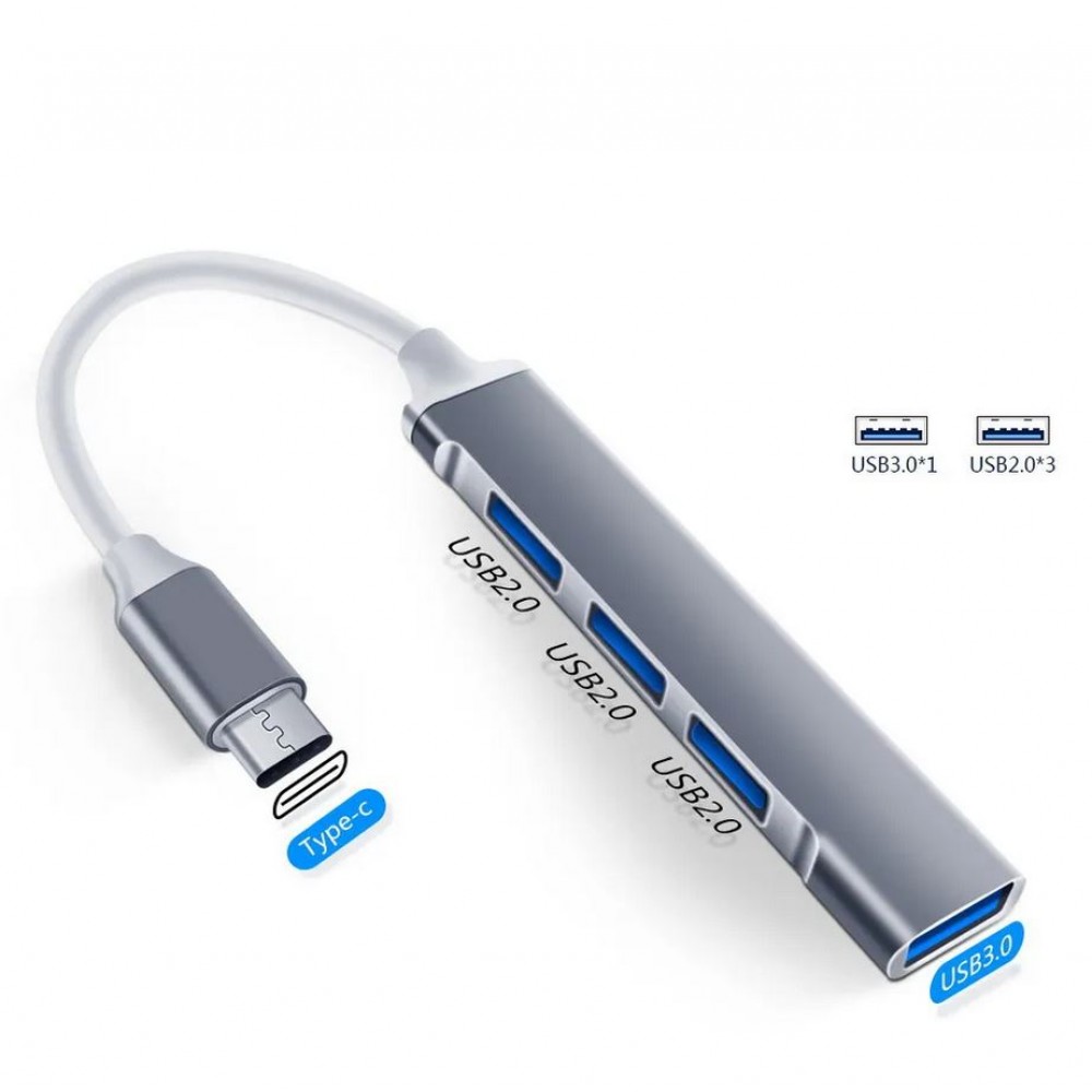 Mini Hub Multiport USB-C Aluminium Adapter mit 4 USB Anschlüssen (3x 2.0 + 1x 3.0) - Silber