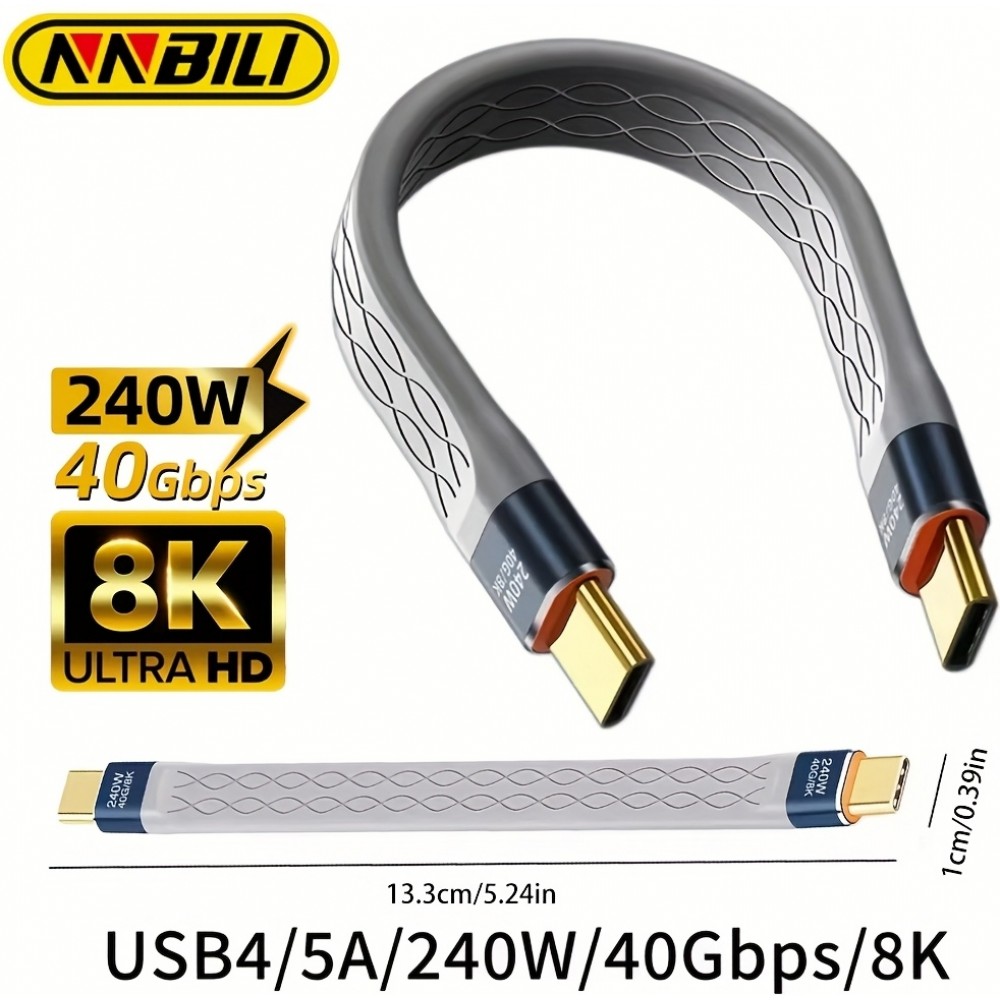 Mini câble plat USB-C PD 240W USB4 40 Gbps 8K@60 Hz compatible Thunderbolt - Gris