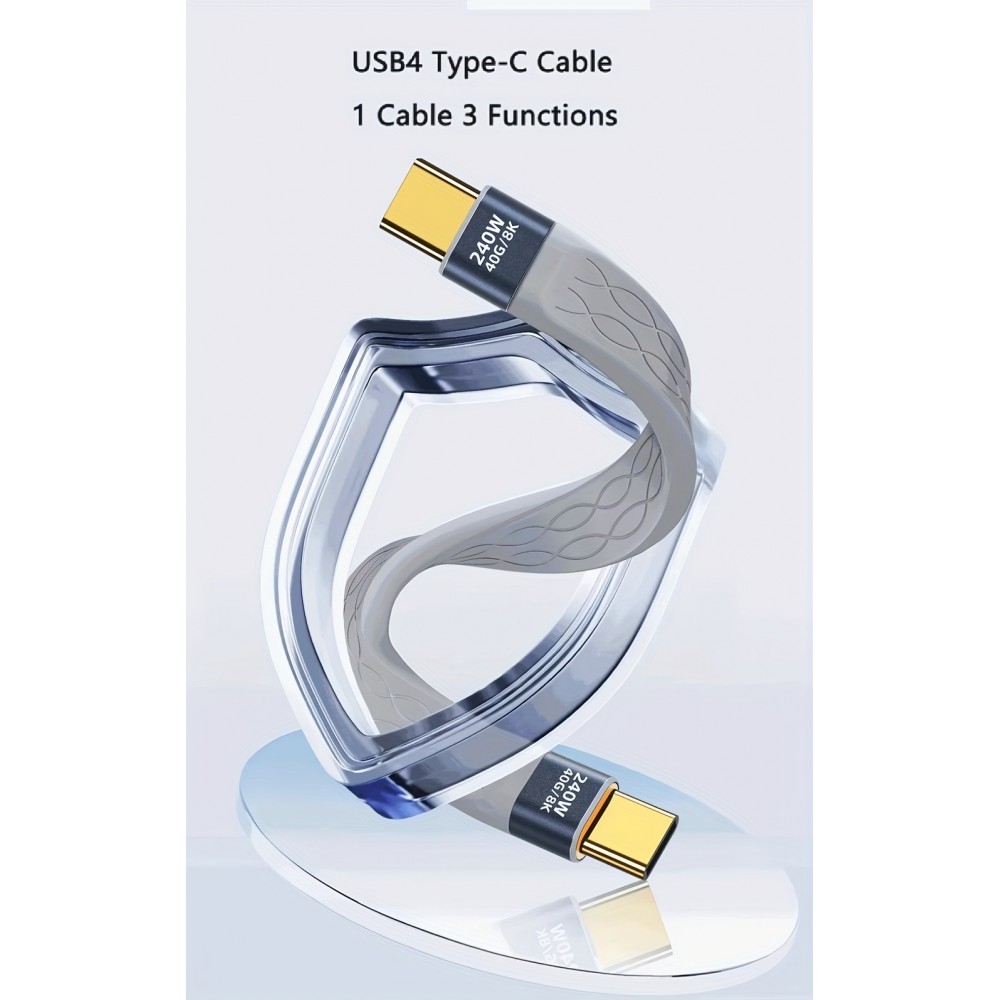 Mini câble plat USB-C PD 240W USB4 40 Gbps 8K@60 Hz compatible Thunderbolt - Gris