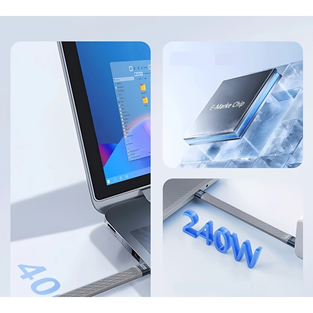 Mini câble plat USB-C PD 240W USB4 40 Gbps 8K@60 Hz compatible Thunderbolt - Gris