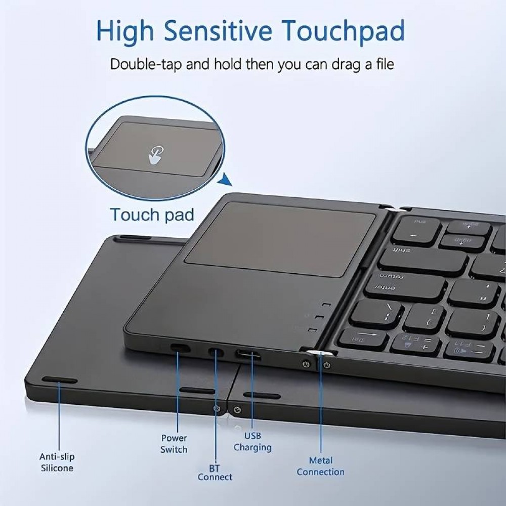 Mini clavier QWERTY sans fil Bluetooth pliable avec Touch pad pour Smartphone et tablet (Android et iOS) - Noir