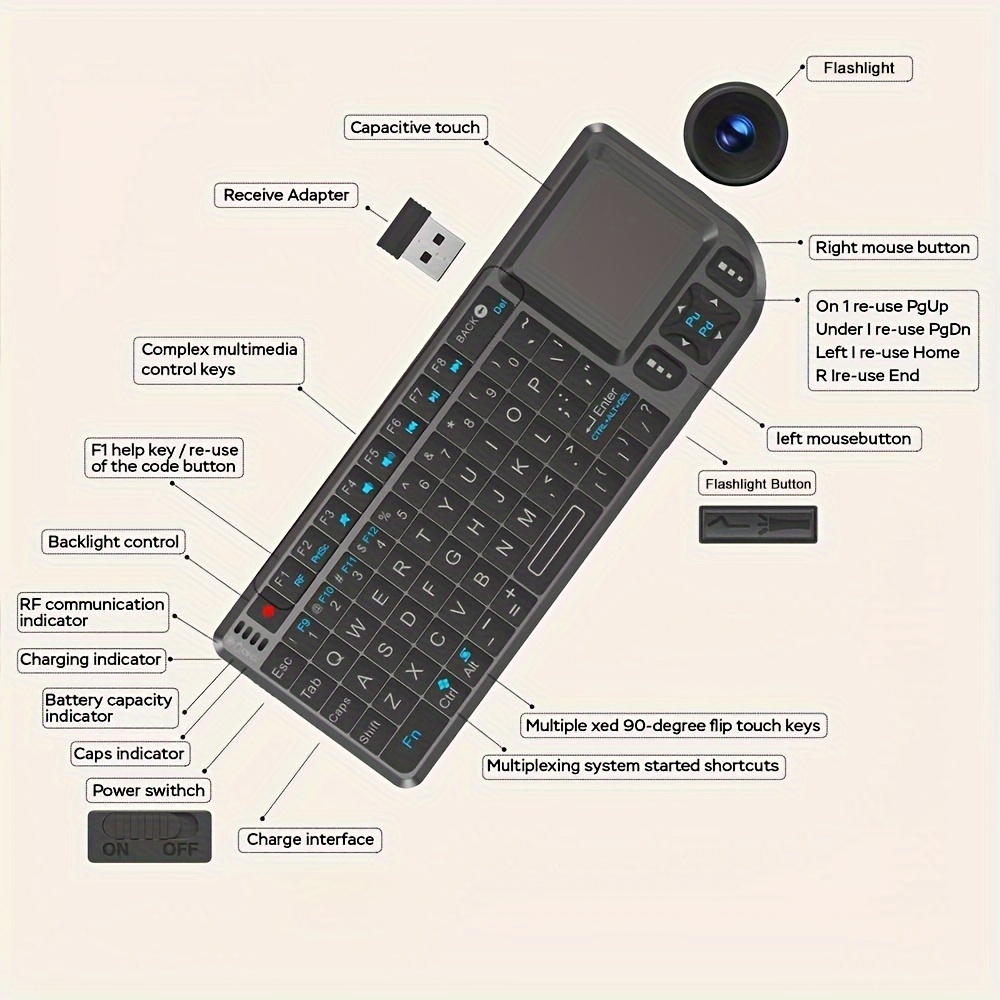 Mini kabelloses 2.4G Tastatur mit beleuchtetem Touchpad und kompakter Maus für PC und Smart TV - Schwarz