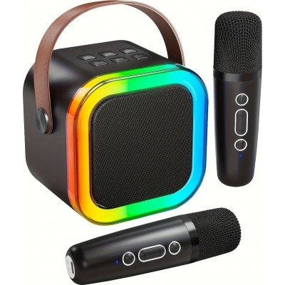 Mini enceinte à karaoké sans fil Bluetooth avec microphone et lumières LED (avec 2 micros) - Noir