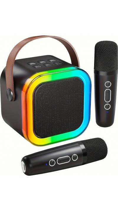 Mini enceinte à karaoké sans fil Bluetooth avec microphone et lumières LED (avec 2 micros) - Noir