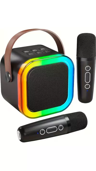 Mini enceinte &agrave; karaok&eacute; sans fil Bluetooth avec microphone et lumi&egrave;res LED (avec 2 micros) - Noir