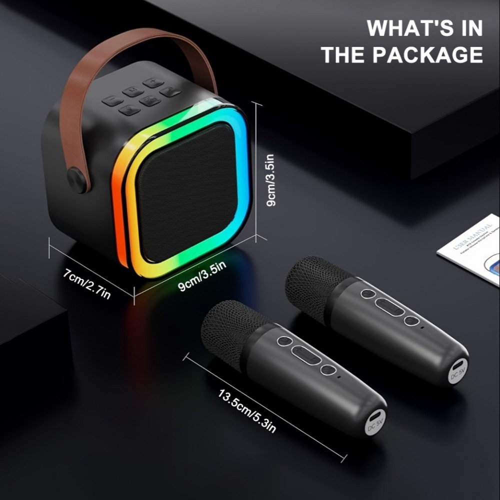 Mini enceinte à karaoké sans fil Bluetooth avec microphone et lumières LED (avec 2 micros) - Noir