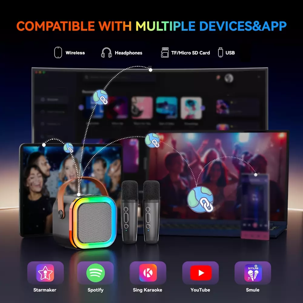 Kabellose Bluetooth Mini Karaoke Lautsprecher mit Mikrofon und LED-Lichtern (inkl. 2 Mikrofone) - Schwarz