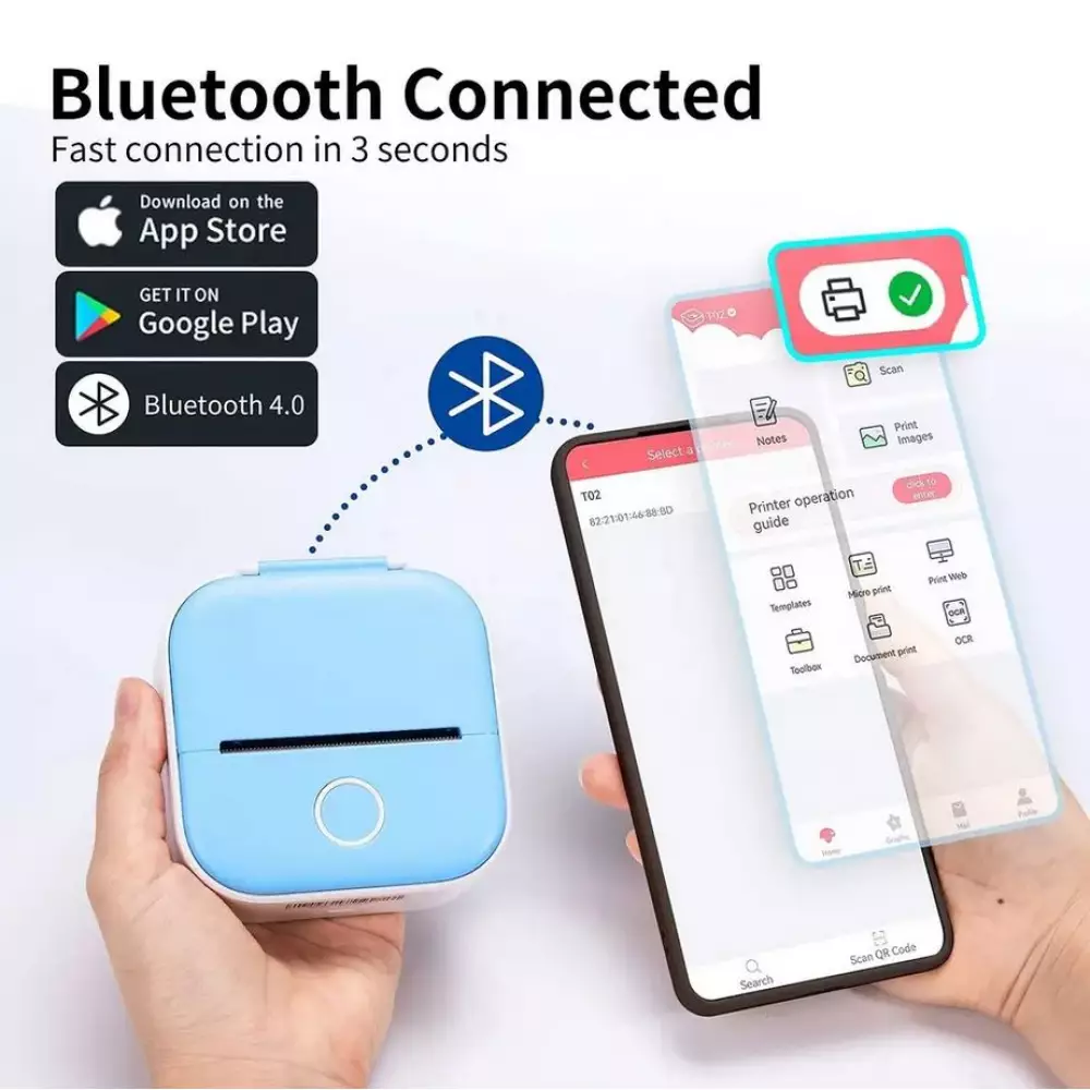 Mini imprimante Bluetooth portable pour téléphone - Phomemo T02 + 1 rouleau thermique - Bleu
