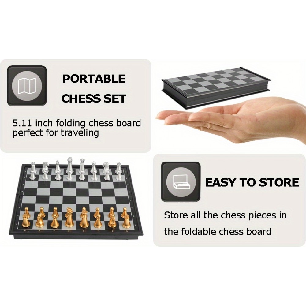 Mini jeu d'échecs magnétique pliable portable (12 cm) idéal pour les voyages avec pièces dorées et argentées