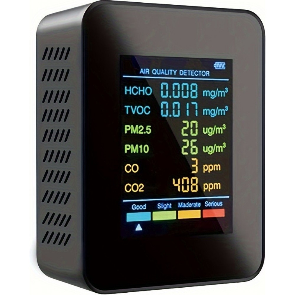 6-in-1 Luftqualitätsmonitor CO2/CO/PM2.5/PM10/HCHO/TVOC mit großem LCD-Display - Schwarz