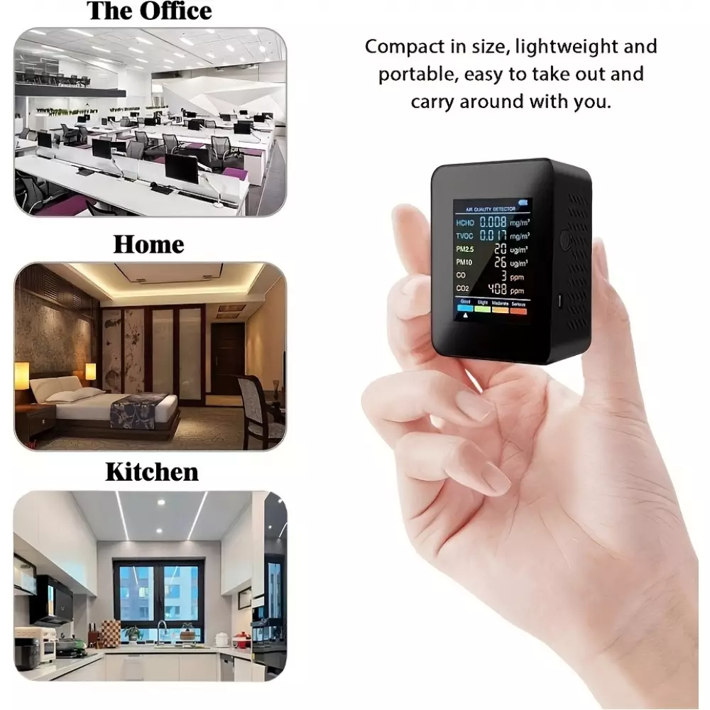 Moniteur de qualité de l'air 6 en 1 CO2/CO/PM2.5/PM10/HCHO/TVOC avec affichage LCD large - Noir