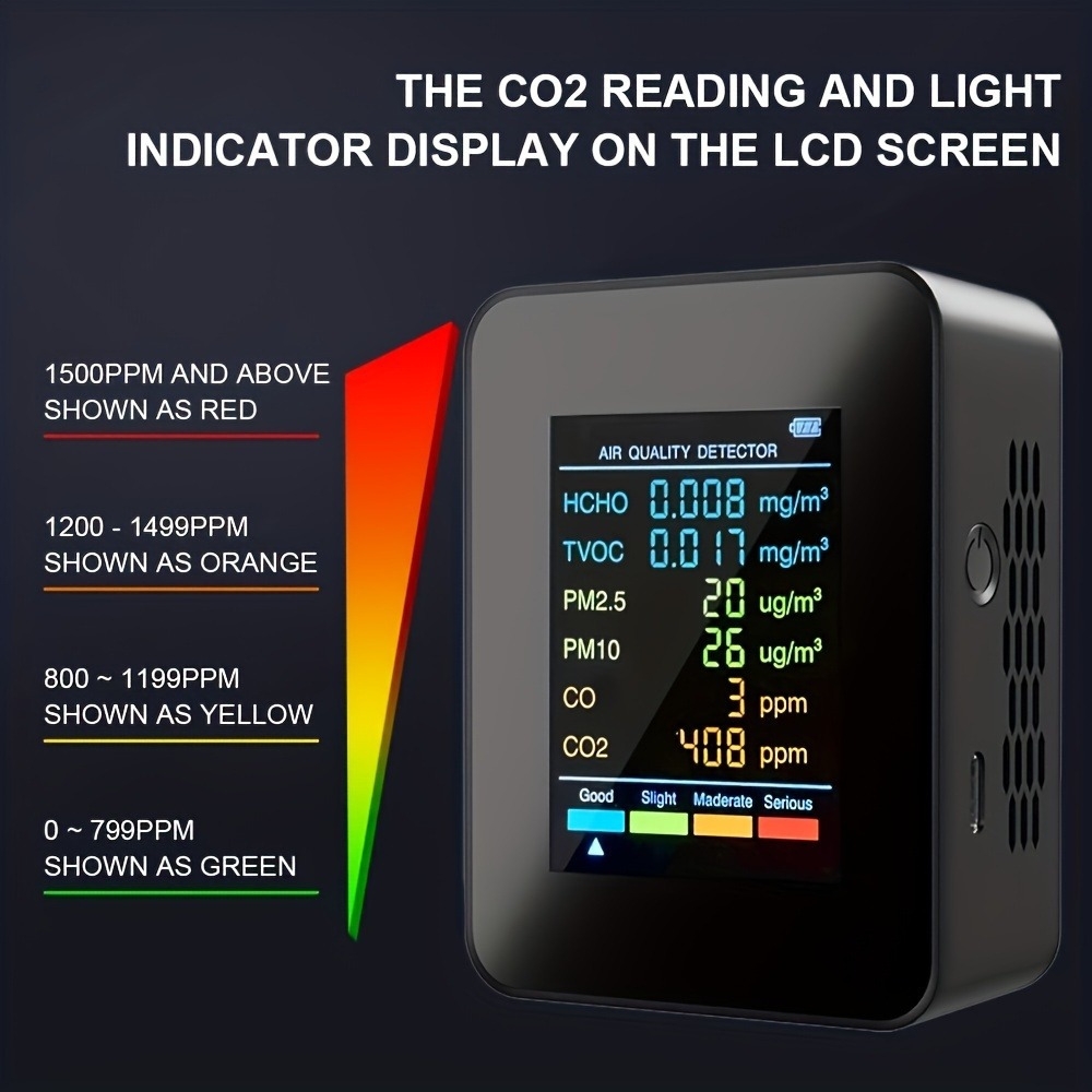 6-in-1 Luftqualitätsmonitor CO2/CO/PM2.5/PM10/HCHO/TVOC mit großem LCD-Display - Schwarz