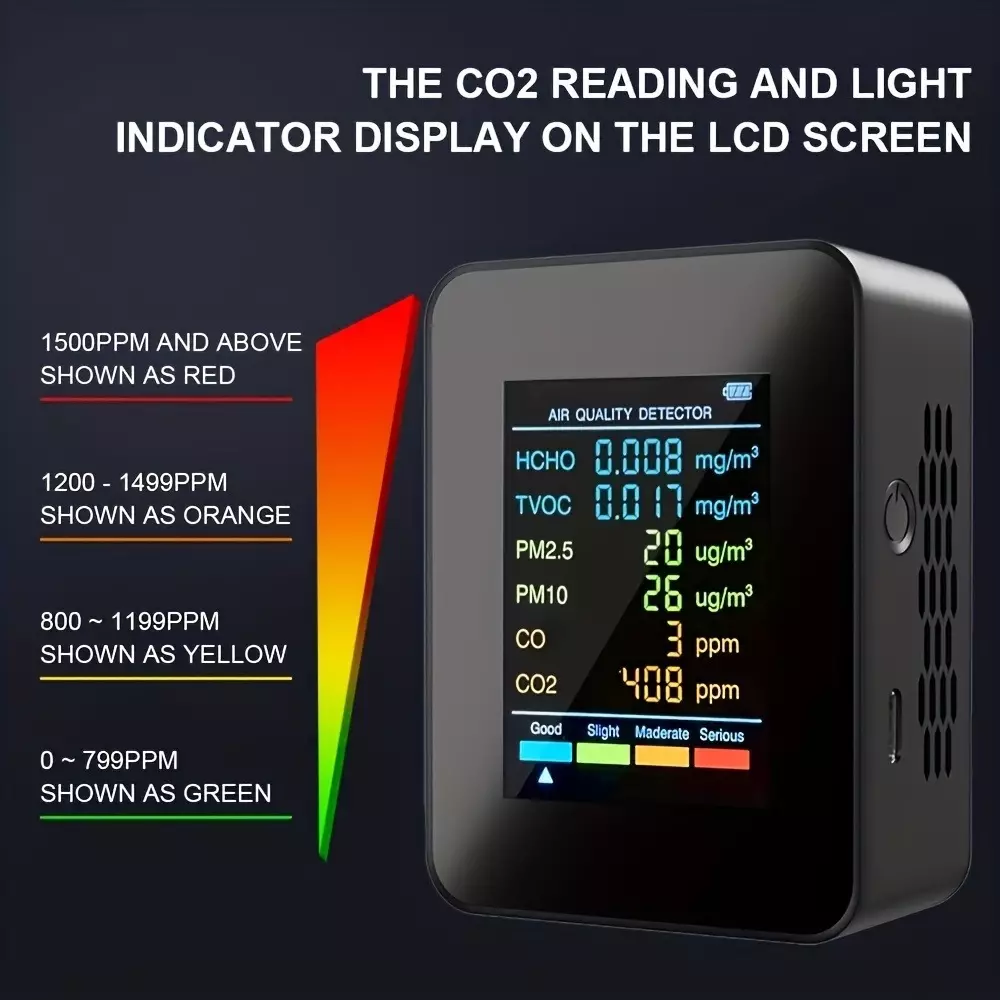 Moniteur de qualité de l'air 6 en 1 CO2/CO/PM2.5/PM10/HCHO/TVOC avec affichage LCD large - Noir