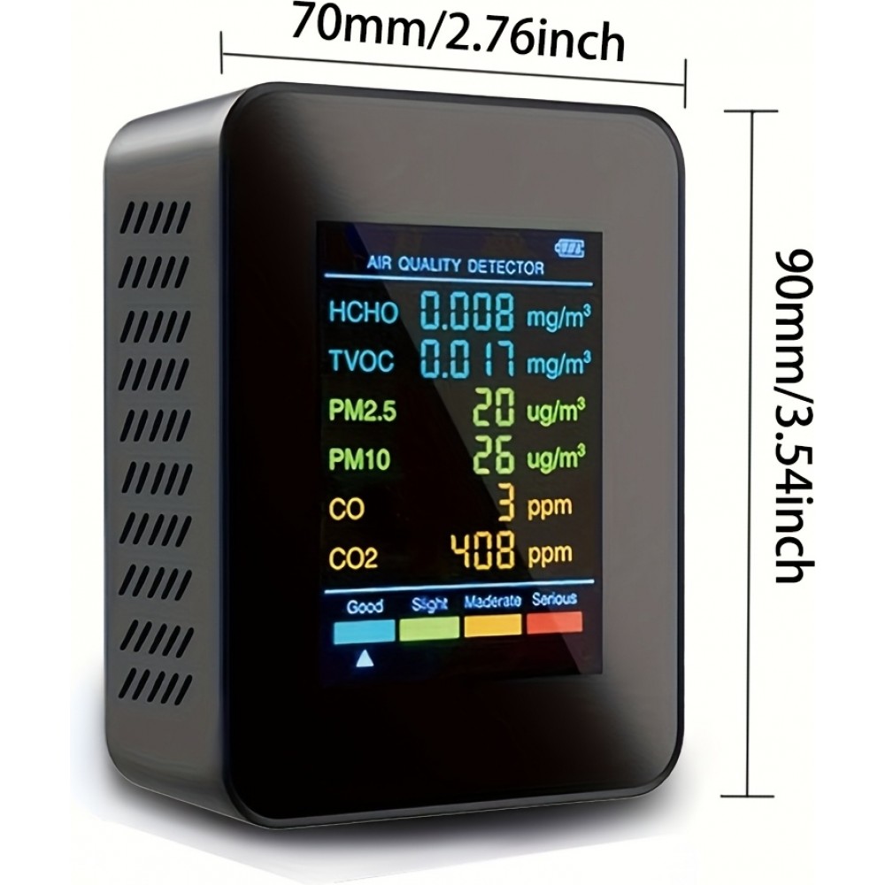 6-in-1 Luftqualitätsmonitor CO2/CO/PM2.5/PM10/HCHO/TVOC mit großem LCD-Display - Schwarz