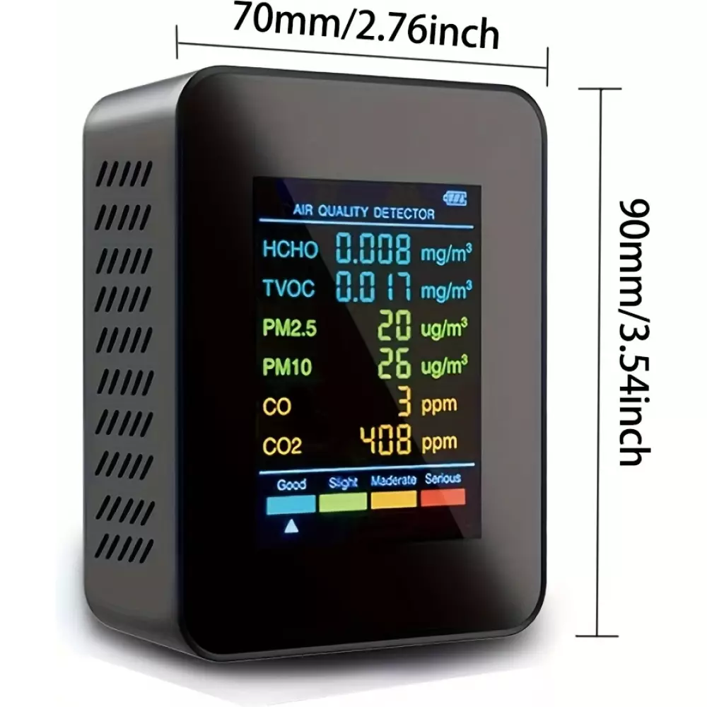 Moniteur de qualité de l'air 6 en 1 CO2/CO/PM2.5/PM10/HCHO/TVOC avec affichage LCD large - Noir