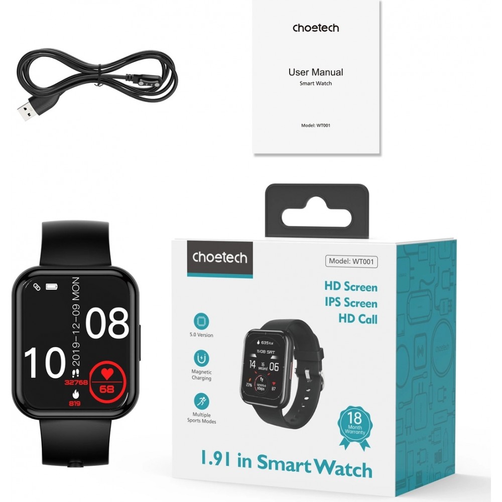 Montre connectée smartwatch Choetech WT001 Bluetooth 5.0 étanche IP67 (fonction de réponse aux appels, modes sport multiples) - Noir