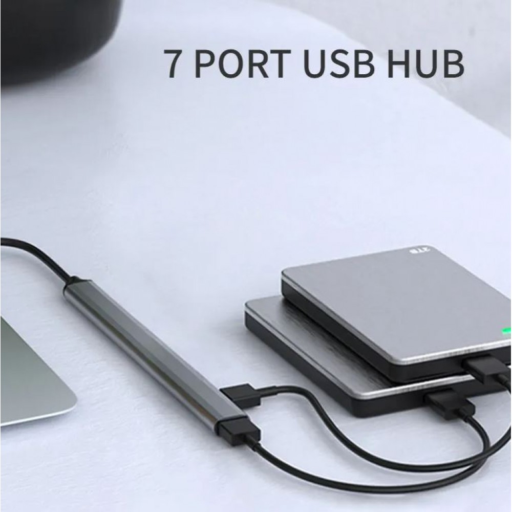 Aluminium Hub USB Multiport mit 7 USB-A Anschlüssen - USB-A 2.0 Adapter für PC - Silber