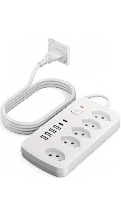 Multiprise 11 en 1 avec protection contre les surcharges (5 prises, 4x USB-A, 2x USB-C, switch on & off) - Blanc