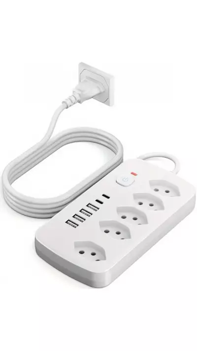 Multiprise 11 en 1 avec protection contre les surcharges (5 prises, 4x USB-A, 2x USB-C, switch on & off) - Blanc