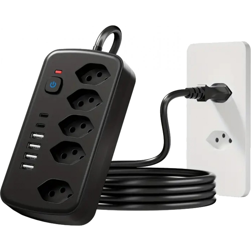 Multiprise 11 en 1 avec protection contre les surcharges (5 prises, 4x USB-A, 2x USB-C, switch on & off) - Noir