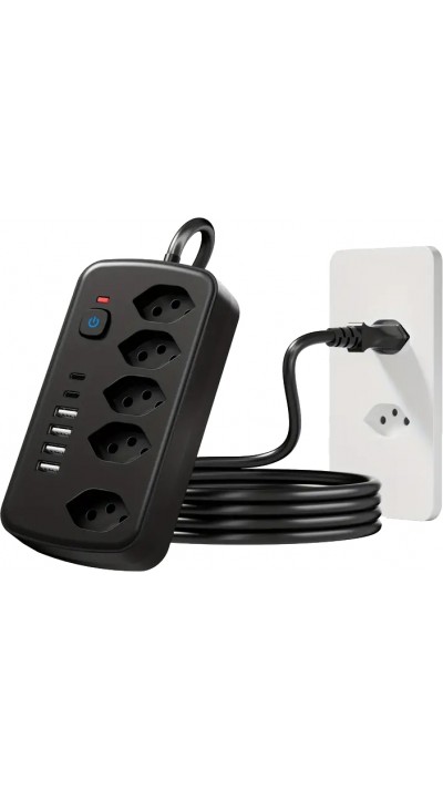 Multiprise 11 en 1 avec protection contre les surcharges (5 prises, 4x USB-A, 2x USB-C, switch on & off) - Noir