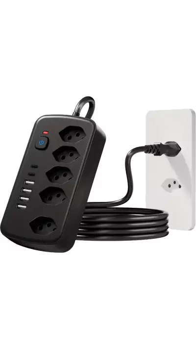 Multiprise 11 en 1 avec protection contre les surcharges (5 prises, 4x USB-A, 2x USB-C, switch on & off) - Noir