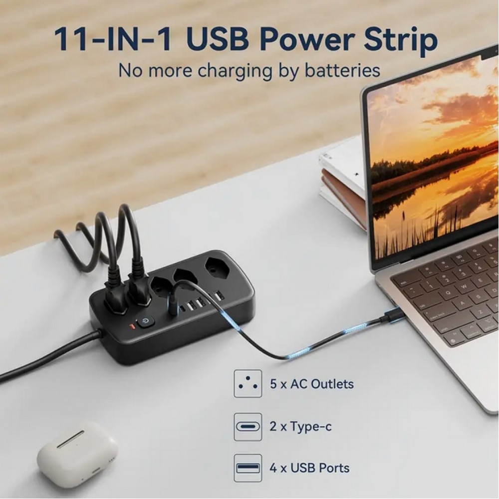 Multiprise 11 en 1 avec protection contre les surcharges (5 prises, 4x USB-A, 2x USB-C, switch on & off) - Noir