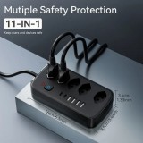 Multiprise 11 en 1 avec protection contre les surcharges (5 prises, 4x USB-A, 2x USB-C, switch on & off) - Noir