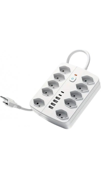 Multiprise 16 en 1 (10 prises AC / 4 ports USB-A / 2 ports USB-C) avec switch On/Off et protection contre surcharge - Blanc