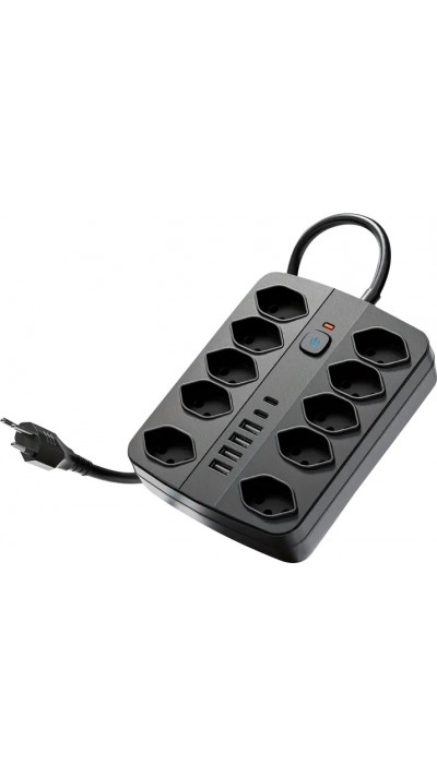 Multiprise 16 en 1 (10 prises AC / 4 ports USB-A / 2 ports USB-C) avec switch On/Off et protection contre surcharge - Noir