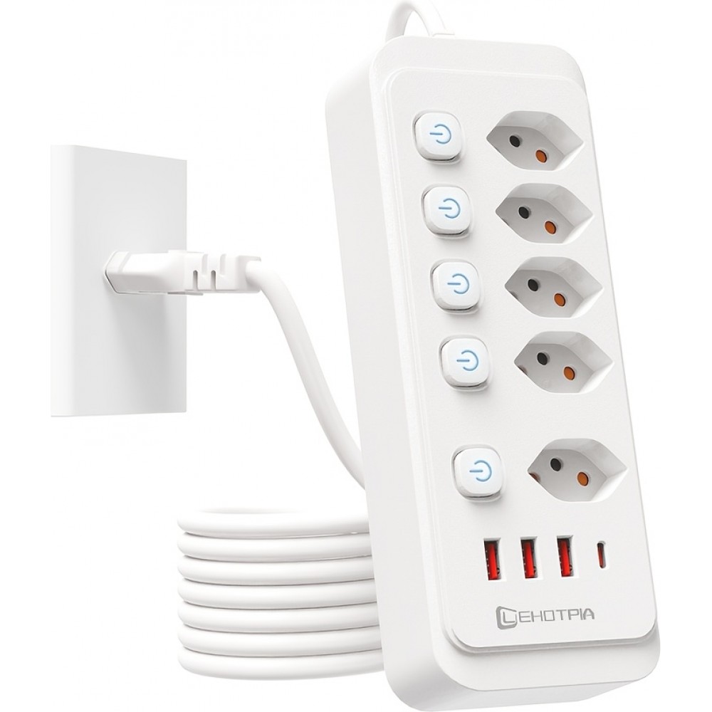 Multiprise 9 en 1 2500W avec 5 prises AC avec interrupteurs boutons individuels et 4 ports USB dont 1 USB-C - Blanc