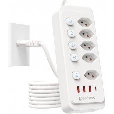 Multiprise 9 en 1 2500W avec 5 prises AC avec interrupteurs boutons individuels et 4 ports USB dont 1 USB-C - Blanc